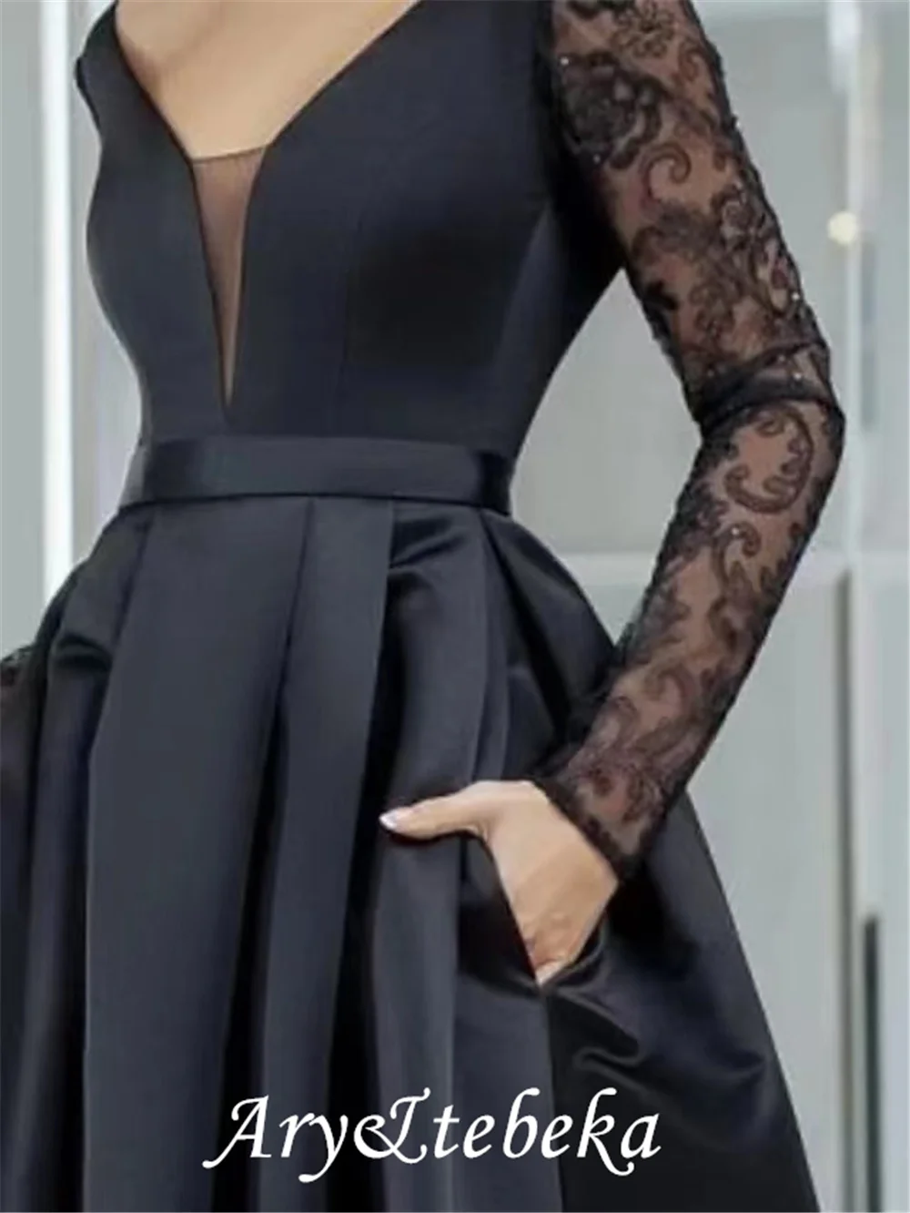 Black Satin Evening Dress V Neck Lace Long Sleeve Sexy Backless robes de soirée vestidos elegantes para mujer فساتين السه