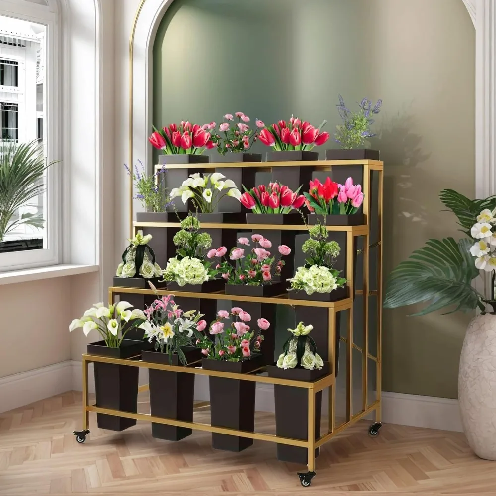 

4-Tier Flower Display Stand with 16 Buckets, Heavy-Duty Metal Flower Cart, 360° Wheels & 4 Color Combos for Florist, Wedding, Ga