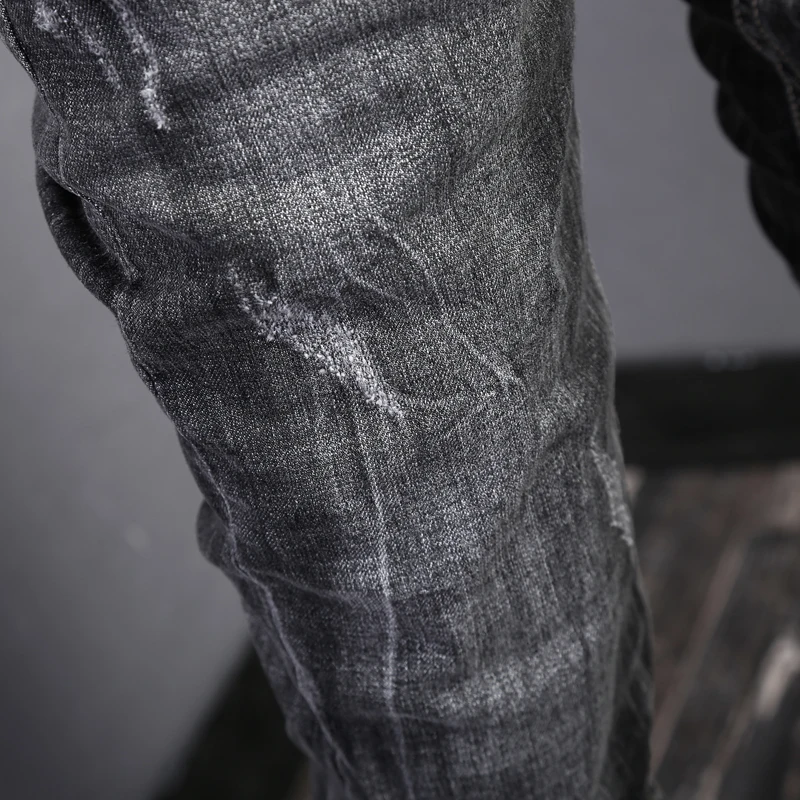 Streetwear Fashion Men Jeans Retro Black Gray Elastic Slim Ripped Jeans Men Trousers Vintage Designer Casual Denim Pants Hombre
