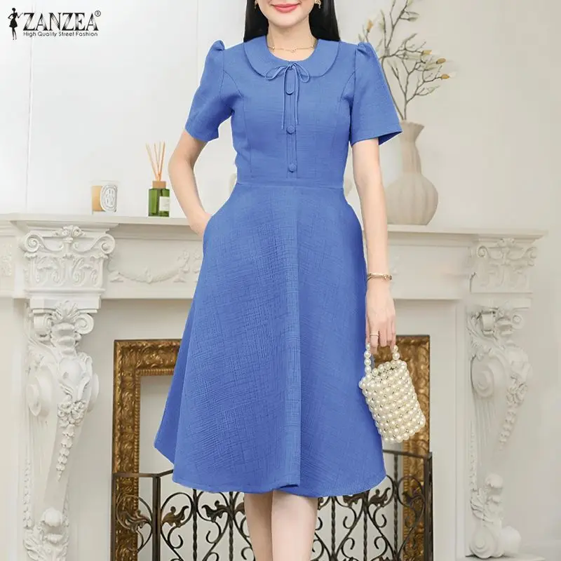 ZANZEA-vestido elegante de verano para mujer, Vestidos de oficina para mujer, vestido veraniego de manga corta con cuello de muñeca, vestido Midi liso, Vestidos de fiesta de línea A 2026