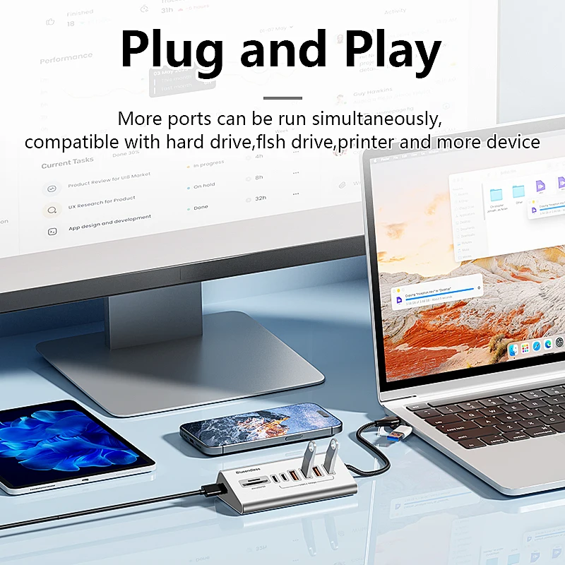 

9 in 2 USB C Hub To USB 3.2 Aluminum Docking Station 10Gbps Type C 3.2 Splitter with SD/TF Card Reader for PC Laptop Tablet