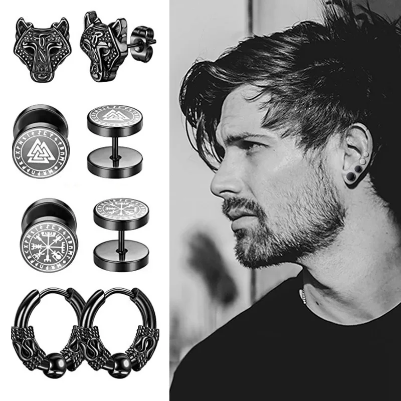 1/6Pairs Set 18G Viking Rune Round Stud Earrings for Women Men, 316L Stainless Steel Cartilage Tragus Helix Piercing Jewelry