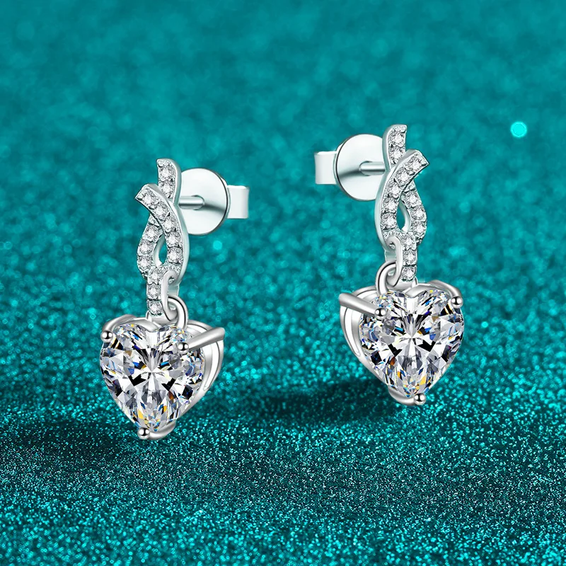 Elegant PT950 Platinum 4-carat Moissanite Stud Earrings for Women, Heart-shaped Knot with Diamond Earrings Holiday Gifts