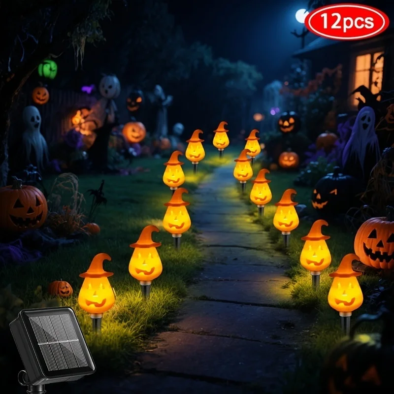 

12 Pieces Halloween Solar Ghost Lights Pumpkin Lights, Outdoor Ground Plug LED Lights, 8 Lighting Modes, IP44, Funny Pumpkin