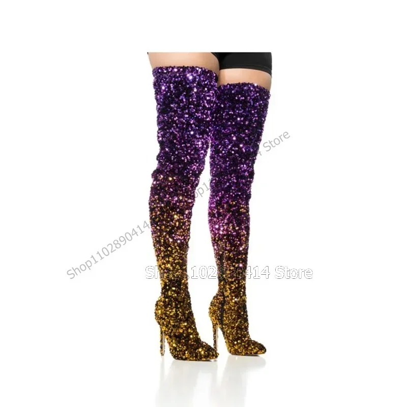 

Mixed Color Sequins Decor Pointed Toe Boots Thigh High Women Shoes Thin High Heels Novel Fashion Sexy 2023 Zapatos Para Mujere