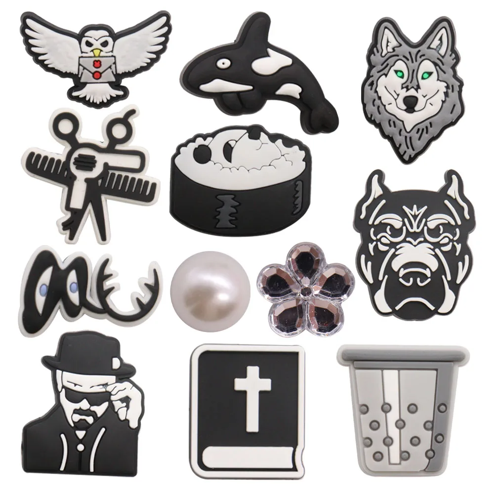 

1-12PCS PVC Shoe Charms Owl Fish Wolf Scissors Flower Dog Man Book Bucket Buckle Clog Hole Slipper Accessories Decorations