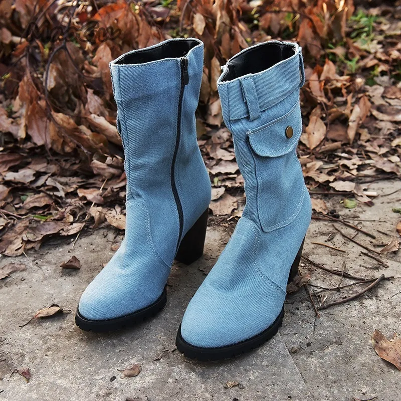 Women\'s Denim Mid-Calf Boots Pocket Decor Chunky Block Heel Ankle Boots Retro Western Style Casual Fashion Botas Mujer Size35-43