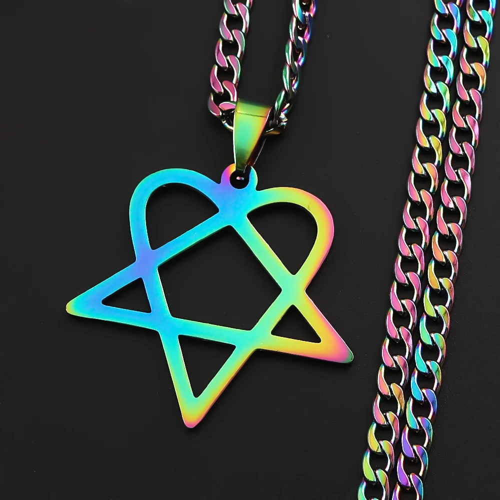 Heartagram Him Band Pentagramm-Halskette für Männer und Frauen, Gothic-Herz, Regenbogenfarben, Edelstahl, Panzerkette, Punk-Musik-Schmuck – Detail 5