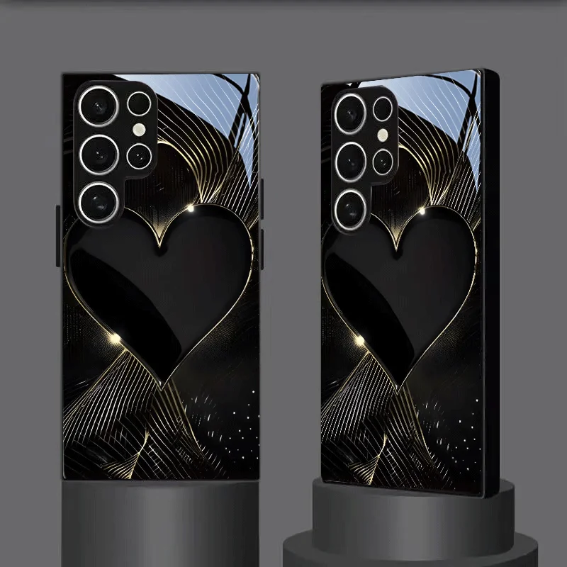 Black gold heart-shaped tempered glass phone case suitable for Samsung Galaxy S26 S25 S24 S22 S21 S20 FE/Ultra/Plus5G anti drop