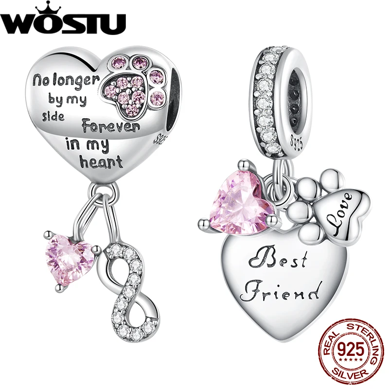 

WOSTU 925 Sterling Silver Infinite Love Bead Love&Paw Hanging Pendants with Zircon Fit Bracelet Necklace For women Fine Jewelry