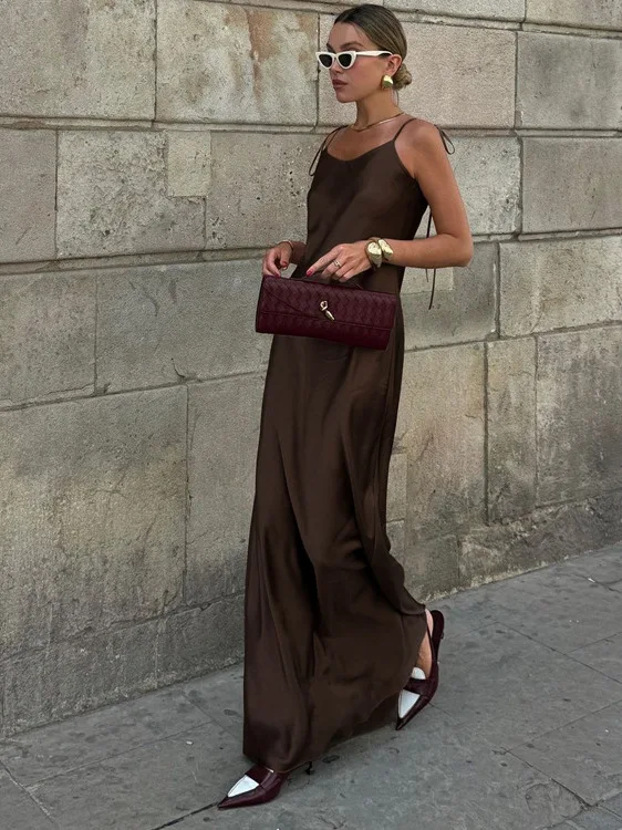 ชุดเดรสยาวผ้าซาตินสำหรับผู้หญิง สไตล์วินเทจ เอวสูง ทรงเข้ารูป ผ้าบางเบา เหมาะสำหรับฤดูร้อน ชุดเดรสทำงานสำหรับสุภาพสตรี