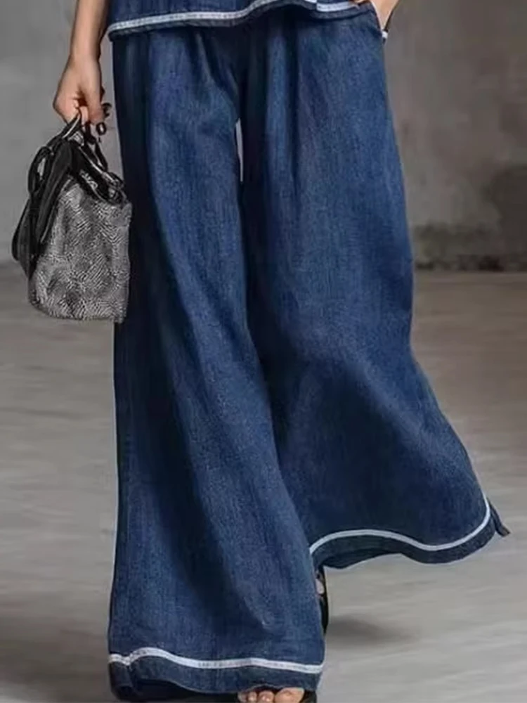 

Contrast Color Two-Piece Suit for Women Short Sleeve Crew Neck Top & High Waist Wide Leg Pants Casual Women's Matching Set