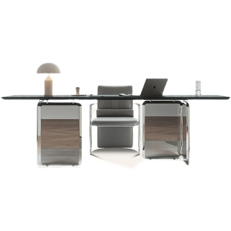 

Italian rock slab light luxury modern minimalist boss stainless steel computer desk and chair combination