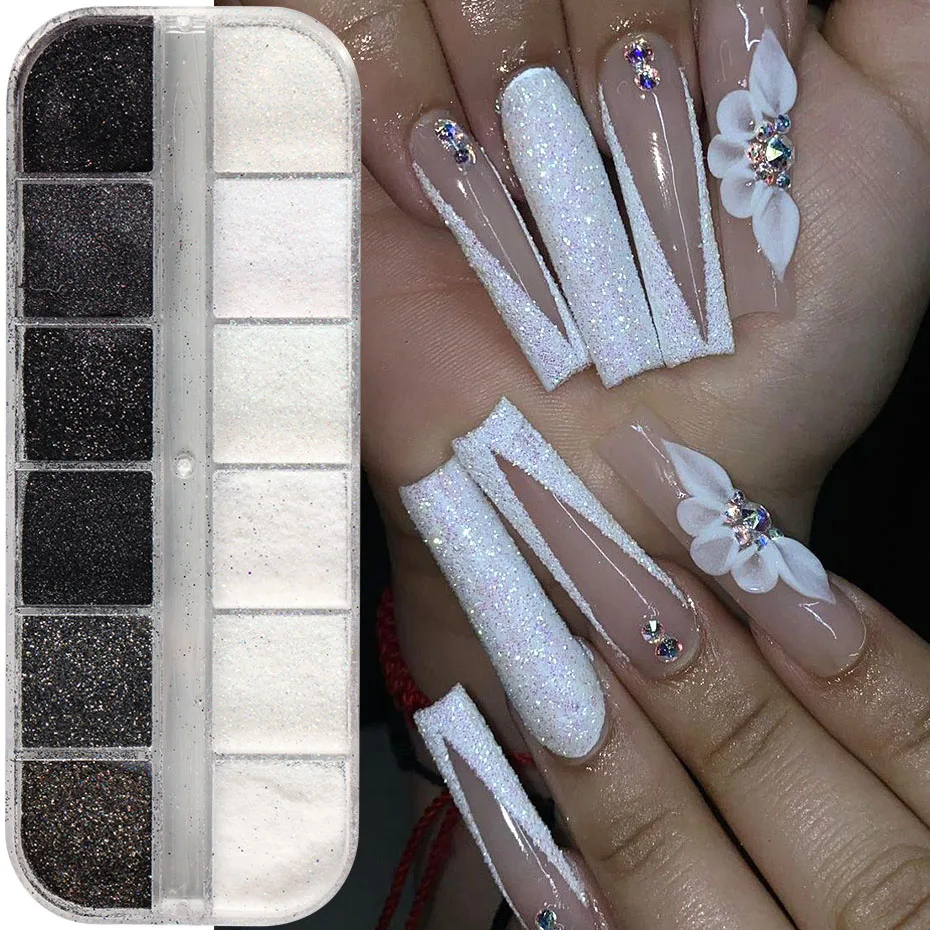 مسحوق لامع للأظافر باللون الأسود والأبيض، تأثير مطلي بالسكر قزحي الألوان، تصميم فرنسي أنيق لحفلات الزفاف، رقائق صبغ الكروم اللامعة #1