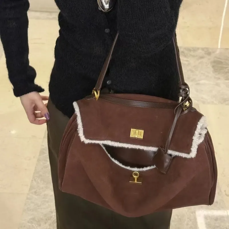 Genuine Leather Suede Fashion Tote Bag  Soft Wool Fleece Trim Gold Turn Lock Versatile Underarm Shoulder Crossbody Handbag