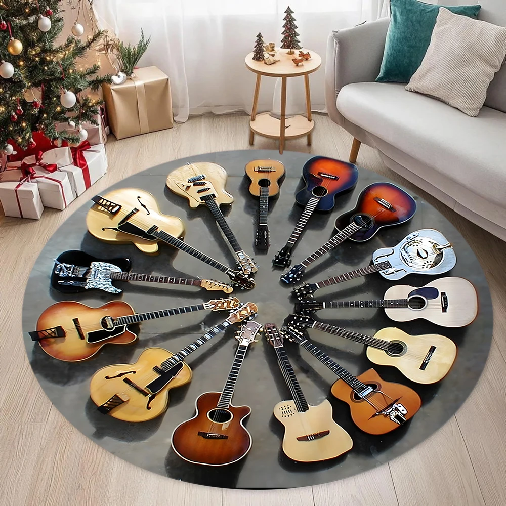 Guitar Bass Pattern Circular Carpet Street Rock Style Carpet Music Enthusiasts Living Room Bedroom Decoration Rug