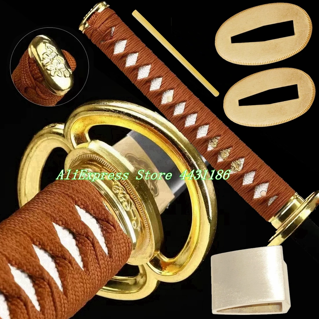 Guardamanos de Katana Musashi Real, mango de espada samurái japonesa, juego de accesorios de aleación Tsuba + Menuki + Fuchi + Kashira + Tsuka + Habaki + Seppa