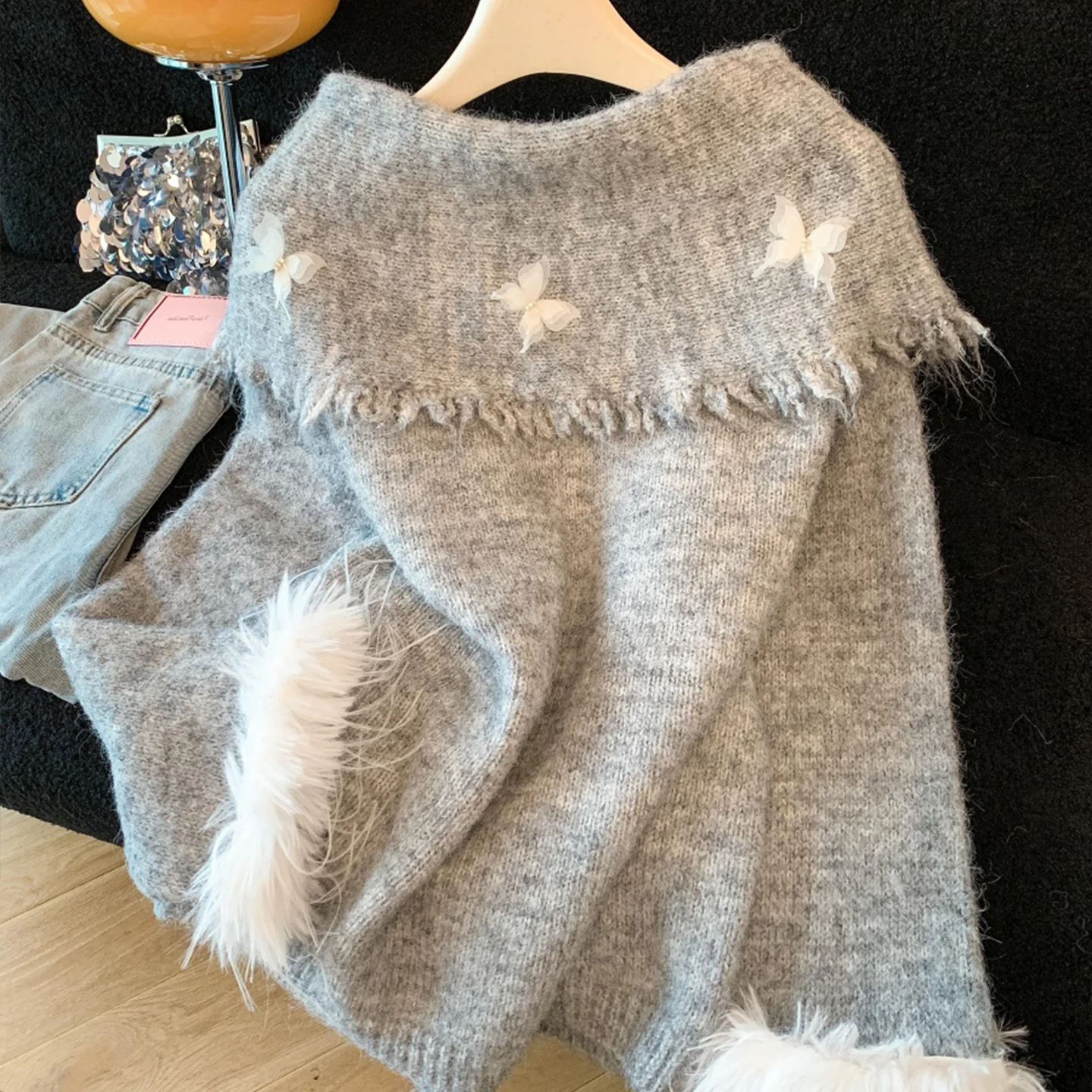 سترة نسائية بلون واحد بكتف واحد بلوفر على شكل فراشة بأكمام طويلة لخريف وشتاء 2025 على الطراز الكوري بلوزة فضفاضة #3