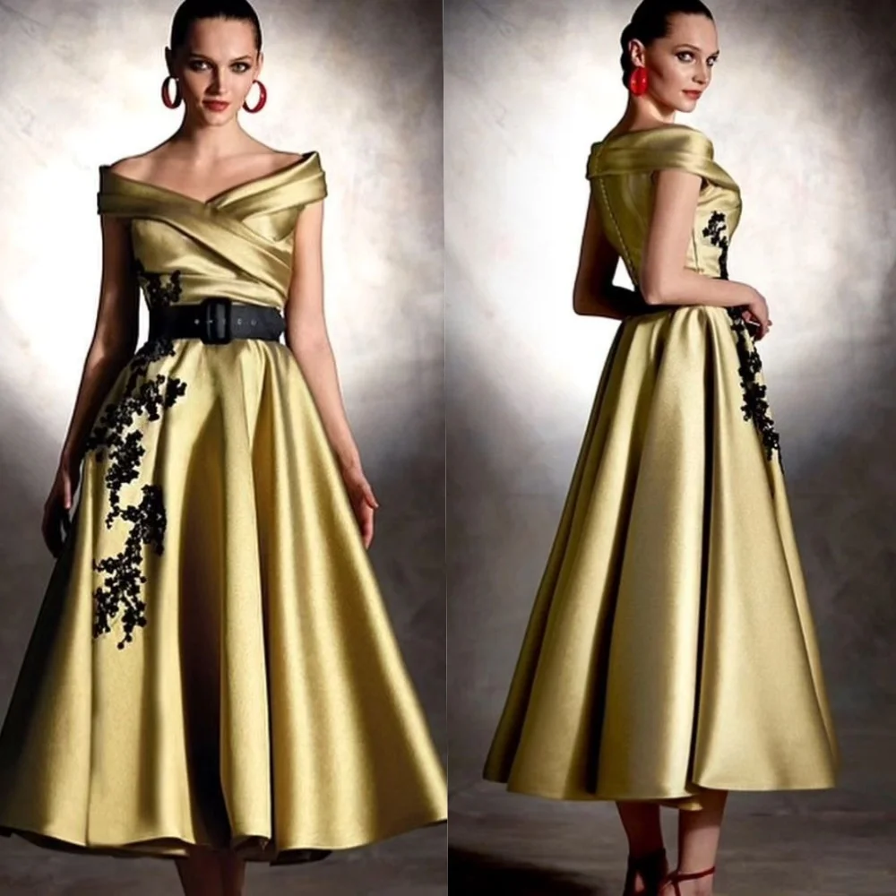 

Satin Draped Applique Criss-Cross Prom A-line Off-the-shoulder Bespoke Occasion Gown Midi Dresses