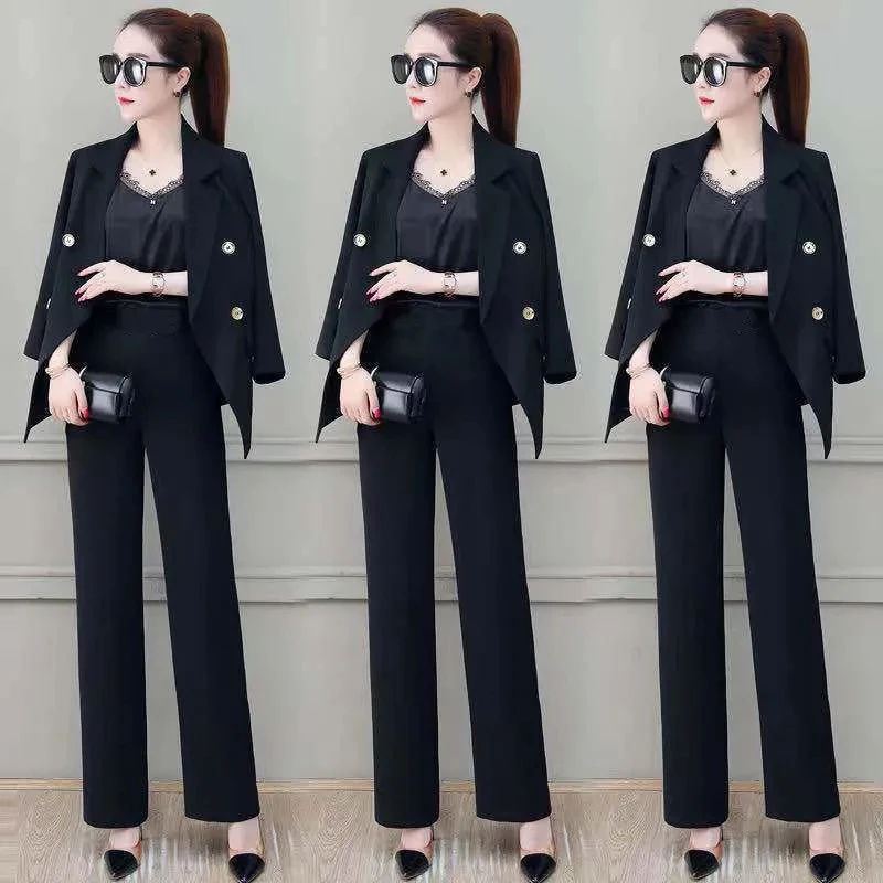 Korean Thin Unlined Blazer Jacket And Wide Leg Pant Suit Spring Office Lady Elegant 2 Piece Set Women Outfits Ensemble Femme