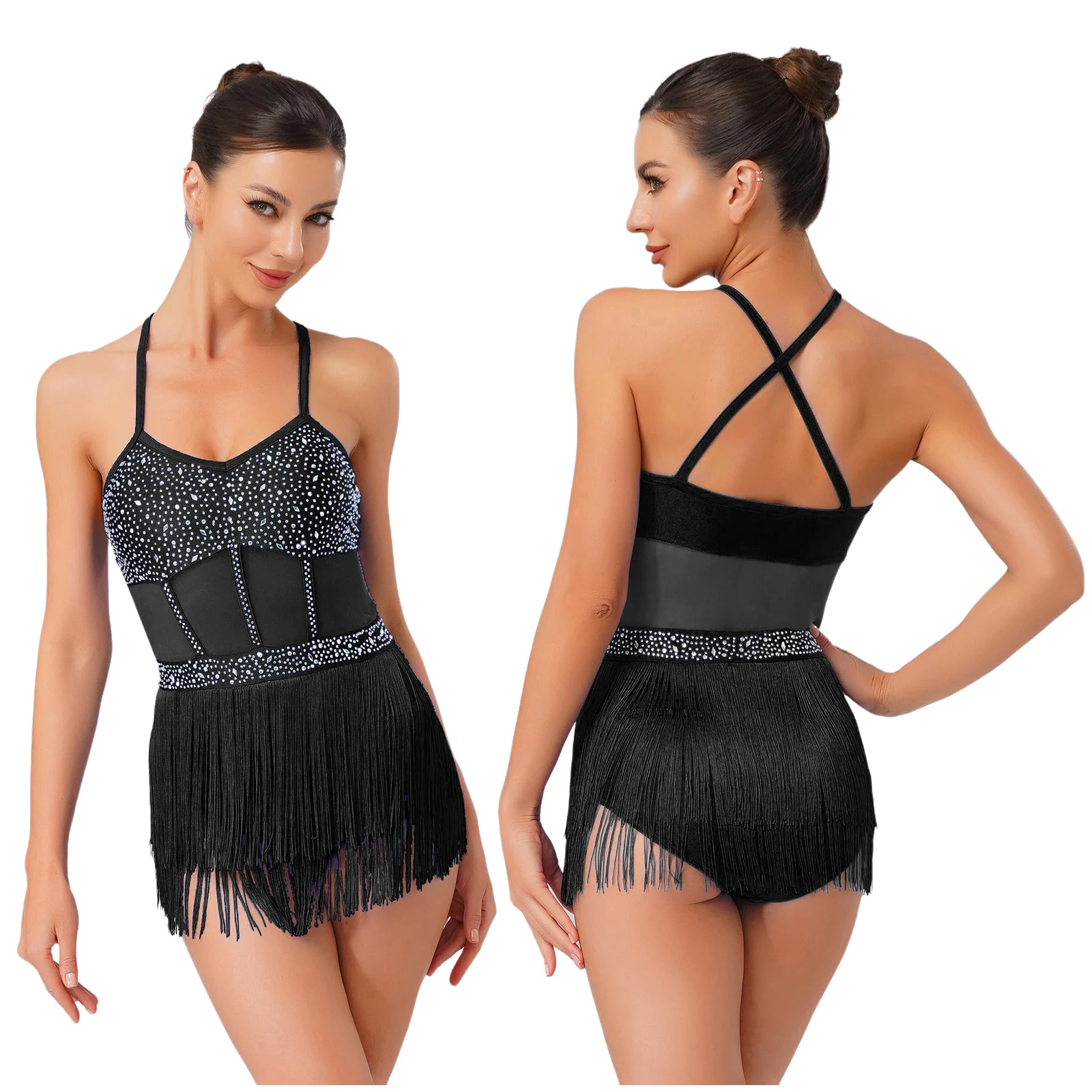 

Women Tassel Latin Jazz Salsa Leotard Dance Dress Tango Dance Costumes Sheer Mesh Patchwork Rhinestones Fringed Bodysuit Dress
