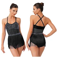 Vestido de baile latino con borlas para mujer, leotardo de Salsa y Jazz, trajes de baile de Tango, traje de mono con flecos y diamantes de imitación de malla transparente