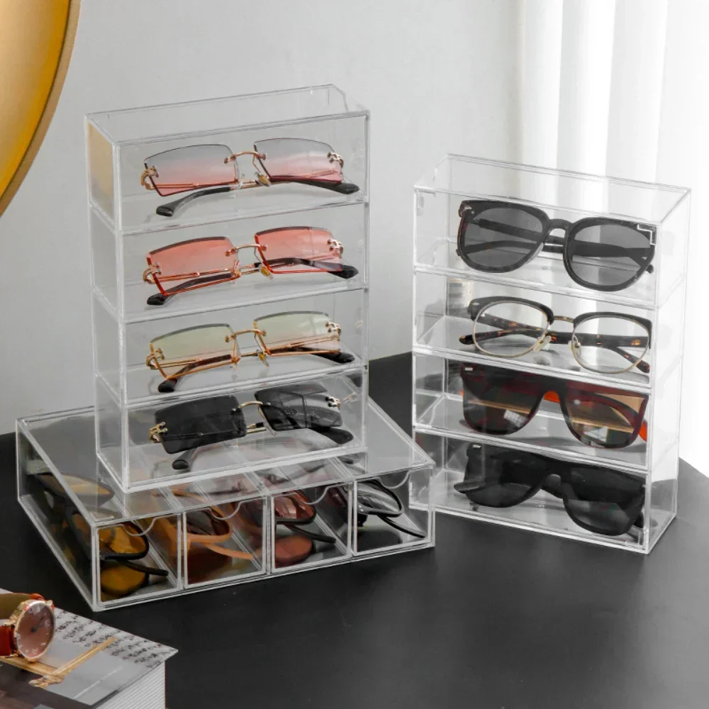 Acrylic Drawer Box 4-layer Sunglasses Storage Organizer Box Desktop Sundries Storage Pull Glasses Display Containers Box