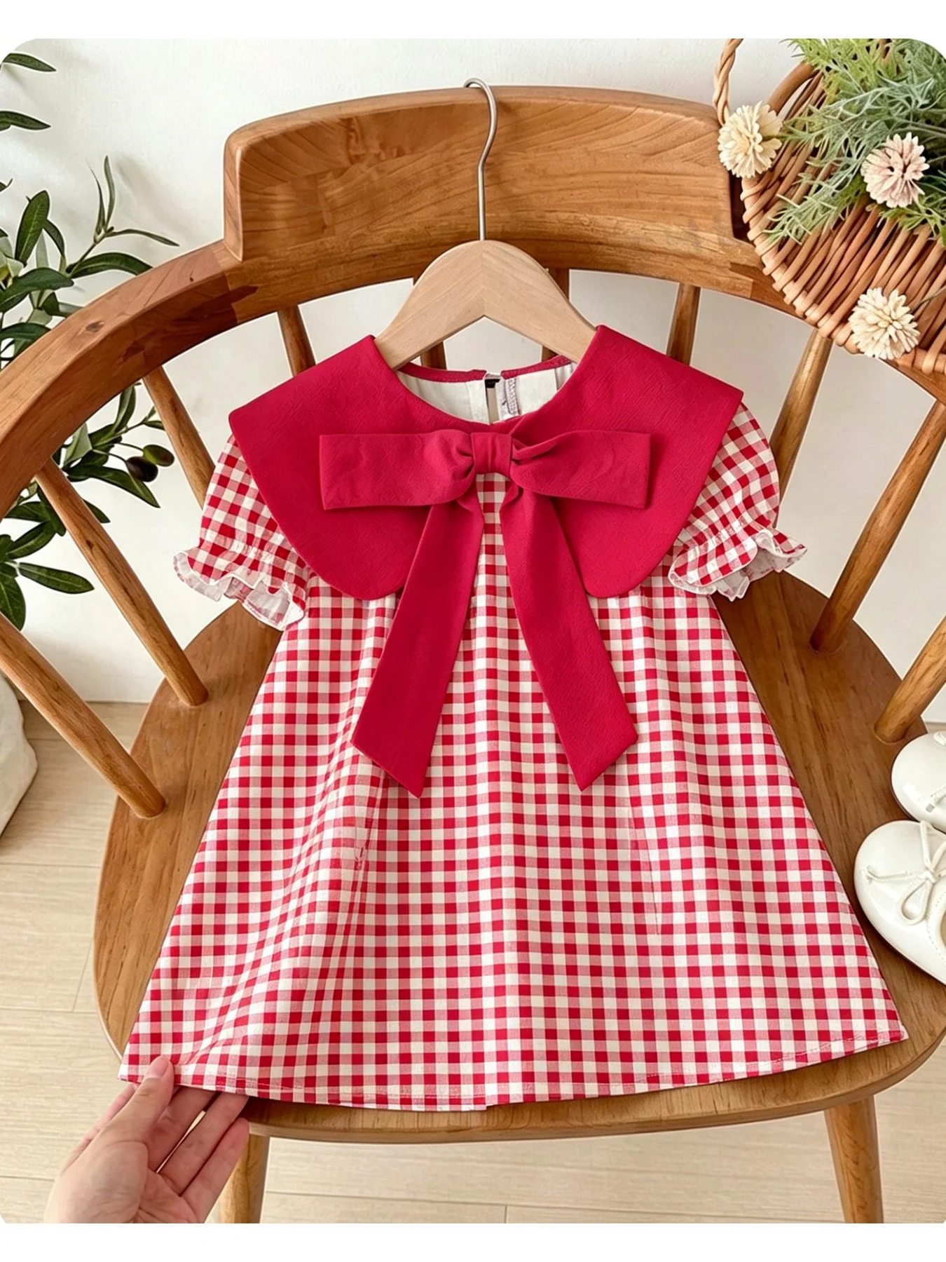 Children's Casual round Neck Dress with Fake Collar Butterfly Bow Checkered Pattern Short Sleeve Top