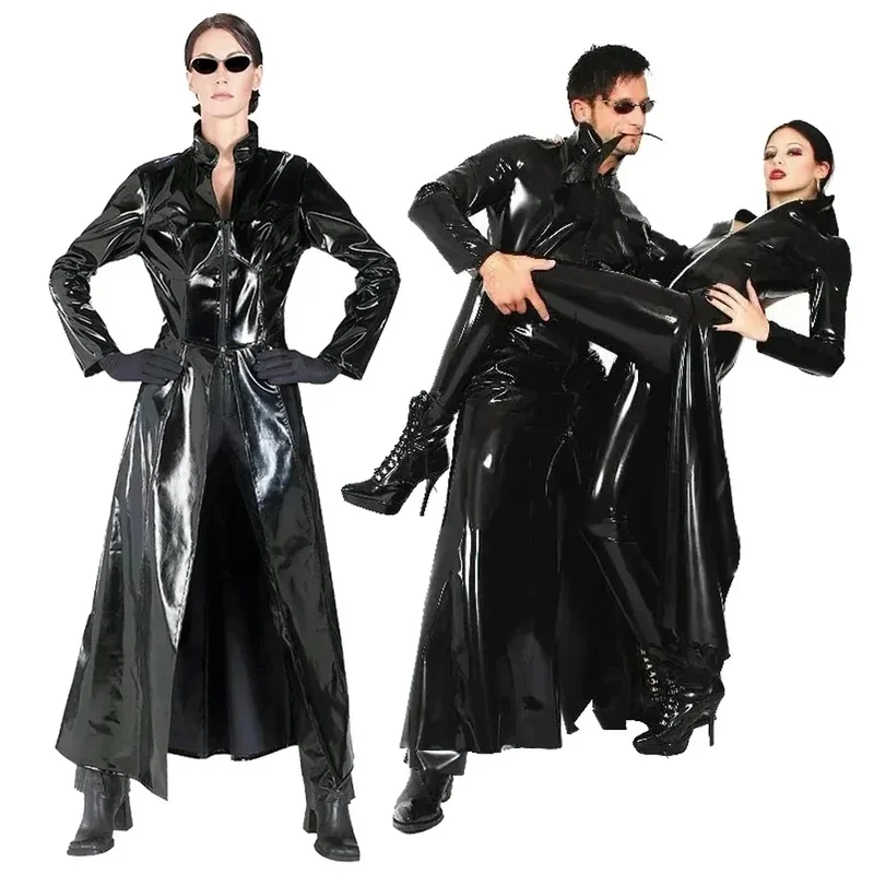 ♥ 2026 New Halloween Party Cosplay The Matrix CostumesGothic Unisex Sexy Shiny PVC Catsuit Latex Faux Leather Long C ★ Look at m view 2