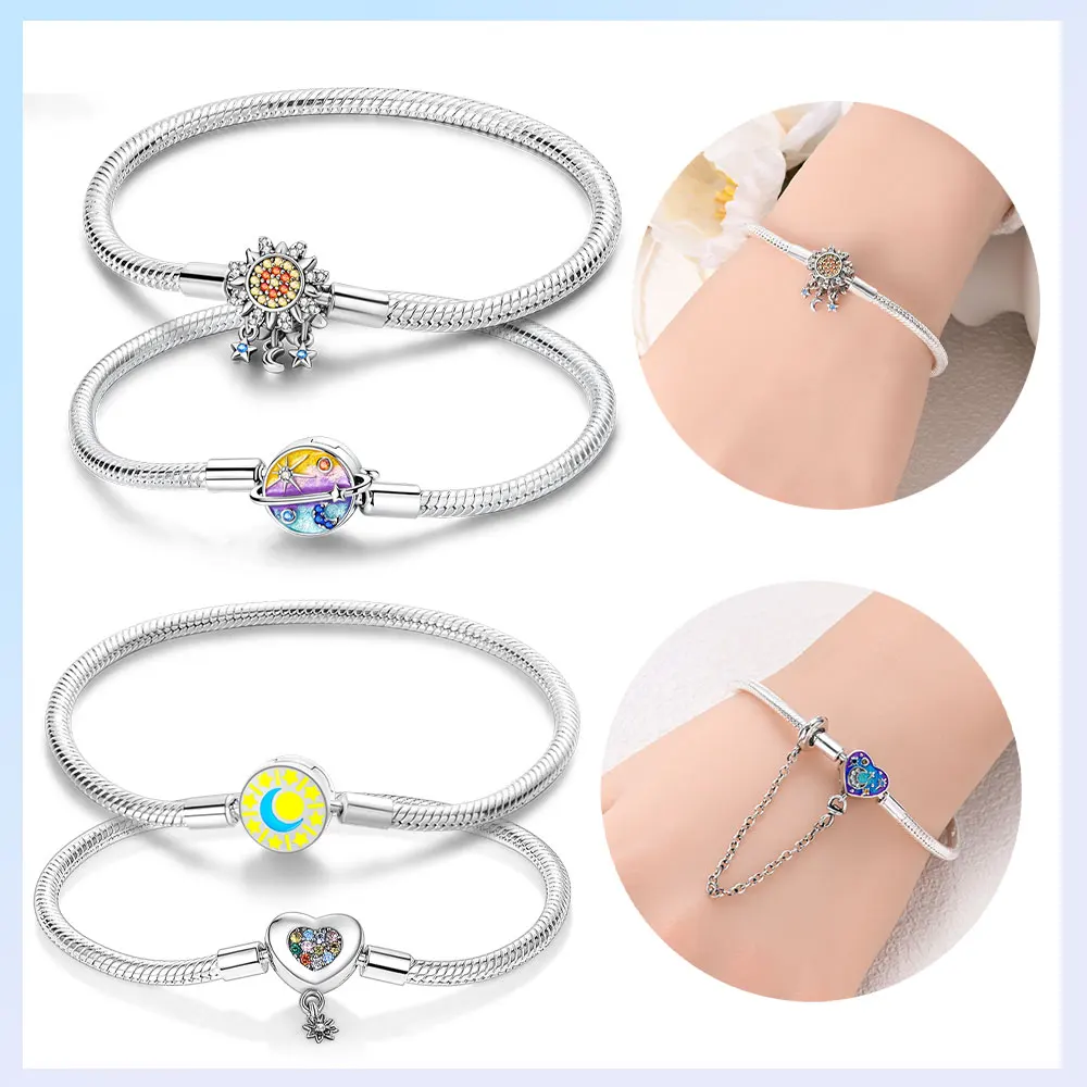 Buntes verträumtes Stern-Mond-Perlenarmband, feste Kette, Einhorn, Damen-Armband aus 925er Silber, Original-Armband, Schmuck, Jahrestag, schönes Geschenk
