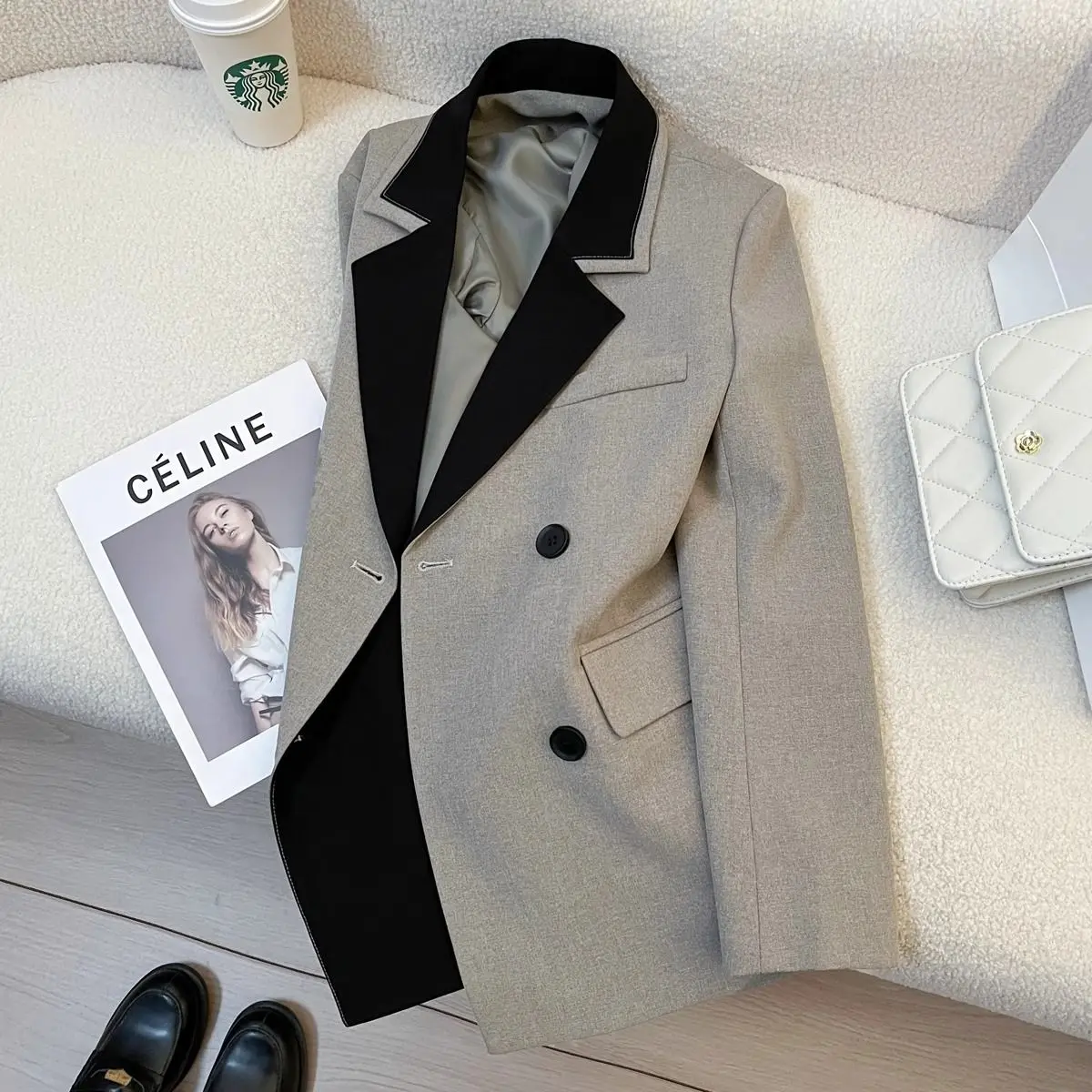 

Vintage Stitching Women's Suit Jacket 2024 Spring and Autumn New Korean Style All-match Blazer High-end Design Sense Suit Top