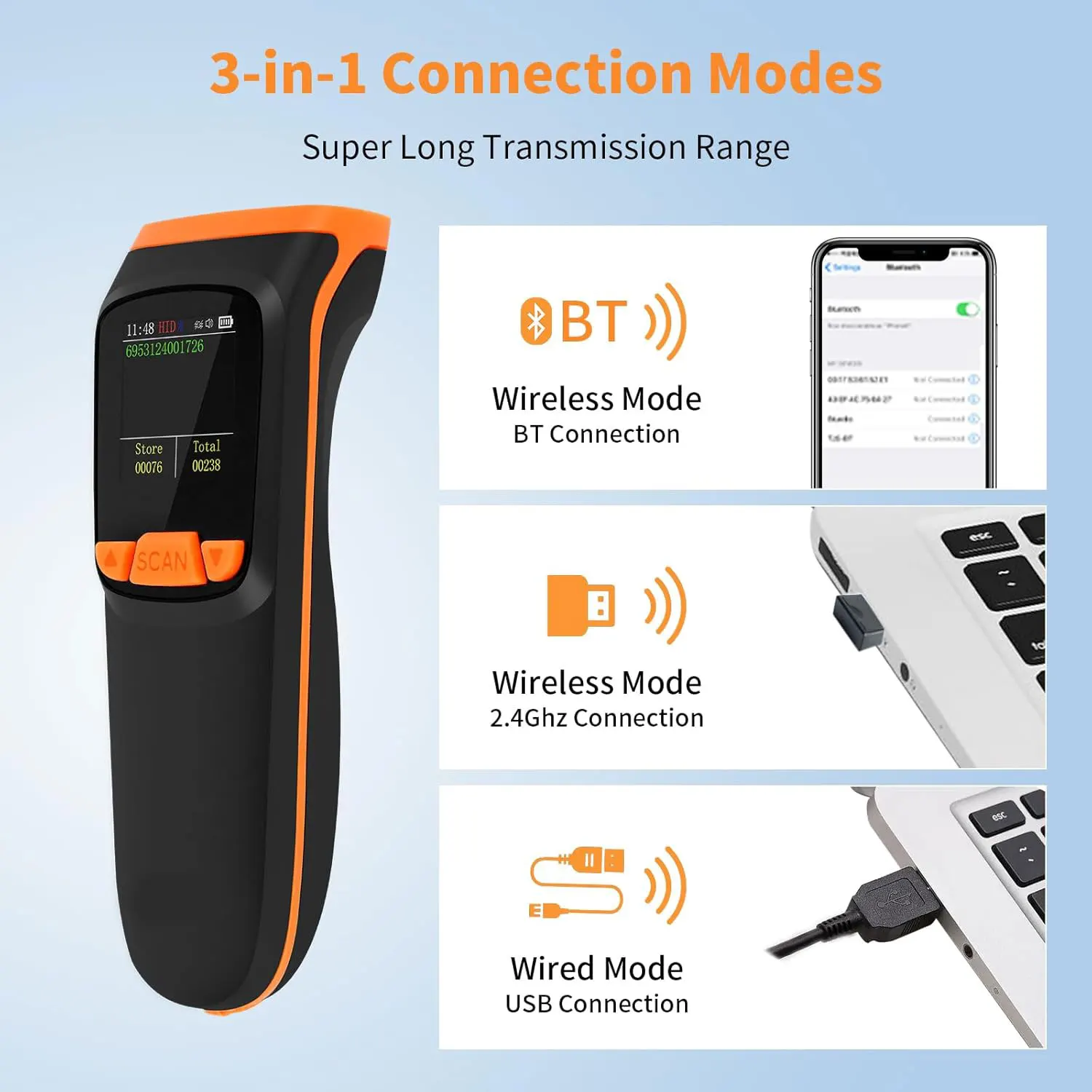 Mini 2D Bluetooth Barcode Scanner with LCD Screen Display Wireless Bar Code Scanner Portable QR Code Scanner for Tablet Phone PC