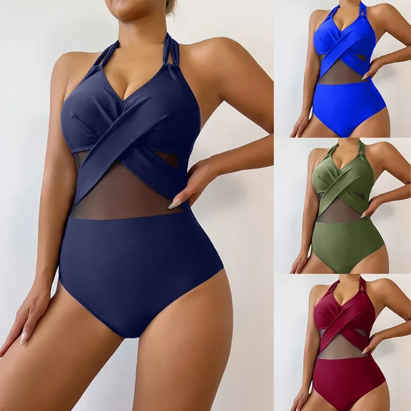 new European and American cross-border swimsuit women's fashion and sexy one-piece swimsuit solid color mesh swimsuit bikini