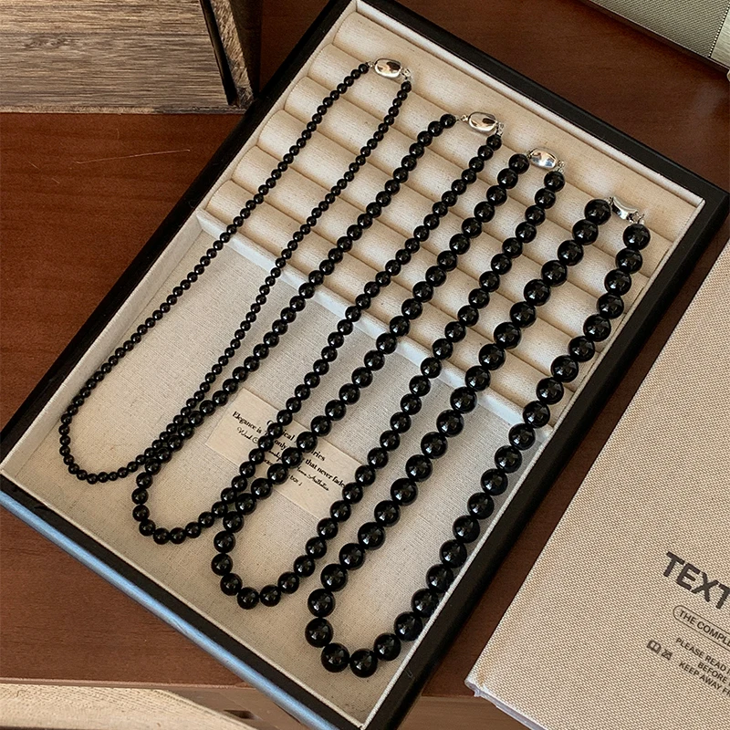 

HQ 7A класс натуральный черный агат ожерелья из бисера для женщин бусины на удачу колье Высококачественная цепочка на ключицы ожерелье амулет ювелирные изделия
