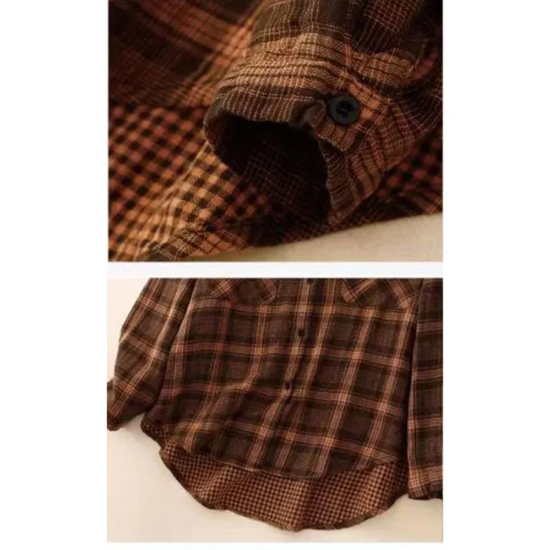 Dames nieuwe lente zomer katoen linnen geruite revers shirt met lange mouwen los en veelzijdig casual single-breasted shirt zak shir