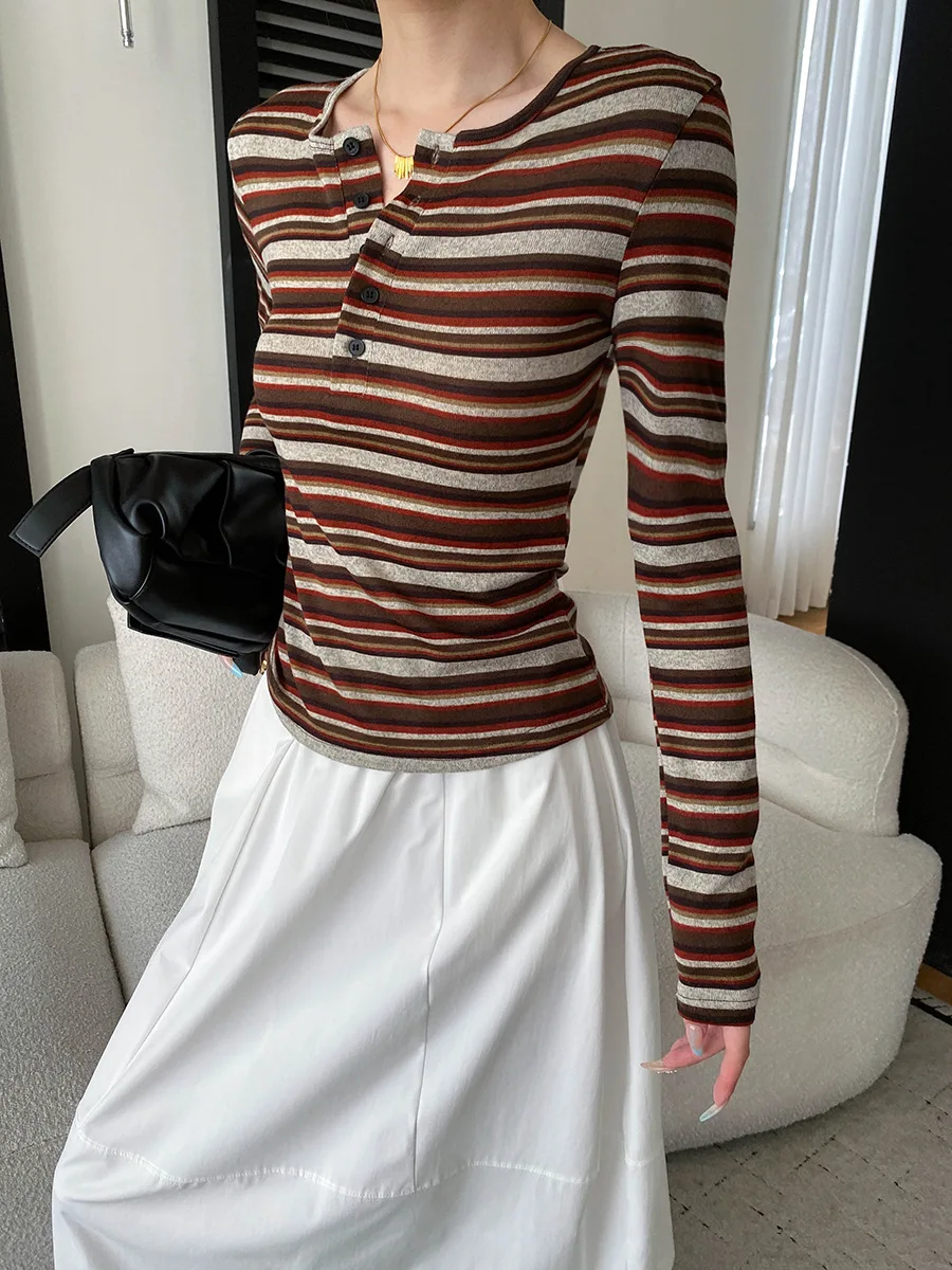 Autumn women's casual button half placket contrasting striped round neck slim fit T-shirt