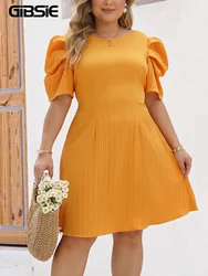 GIBSIE Plus Size Holiday Backless Bowknot Short Dress Women 2024 Summer Puff Sleeve O-Neck Cutout Sweet A-Line Dresses