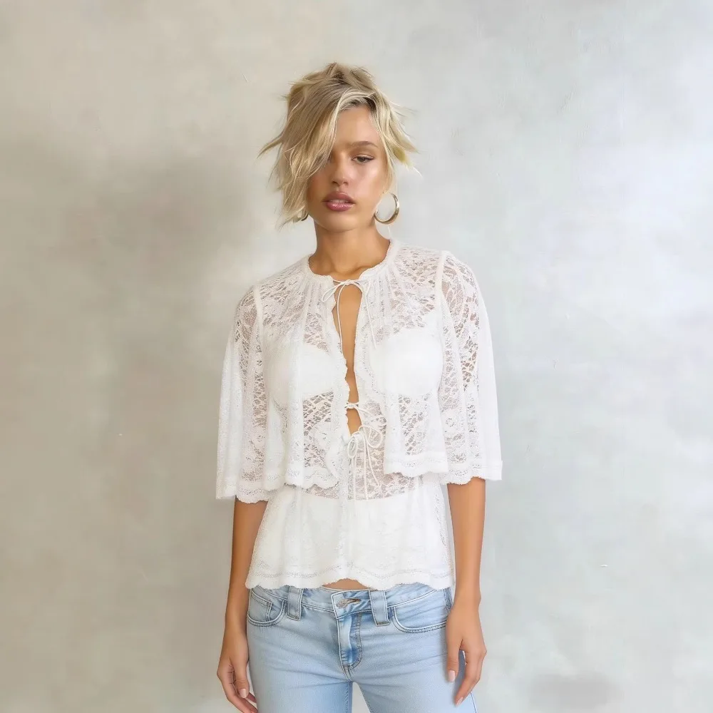 Women Flare Sleeve Transparent Flower Lace T Shirt Y2K Black White Coffee Grey T-shirt Half Sleeve O Neck Elastic Blouse Girl