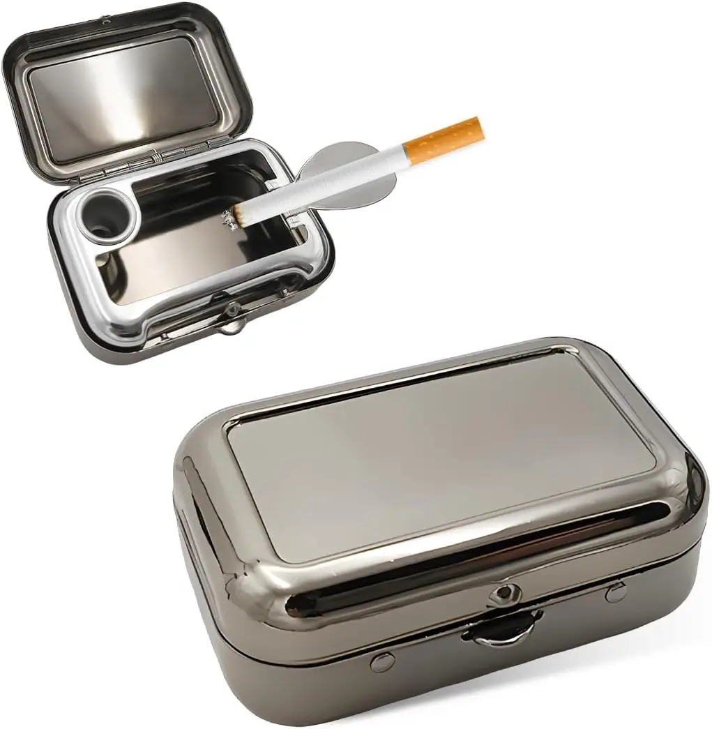 

Portable Stainless Steel Ashtray with Windproof Lid, Mini Pocket Design for Outdoor and Car Use