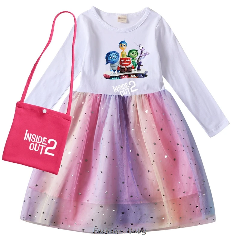 New Inside Out2 Girls Dresses Spring Kids Clothes Princess Dress Cosplay Costume Party Children Kids Dress +Bag Pink Purple Rose