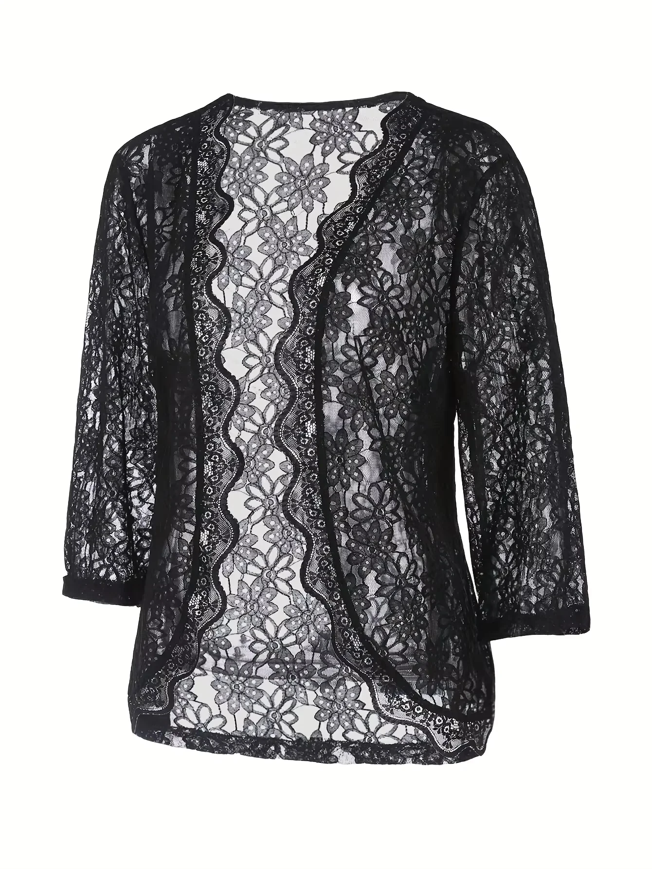 Translucent Floral Embroidered Cardigan Classic Plus Size Cardigan for Women with Scalloped Edges