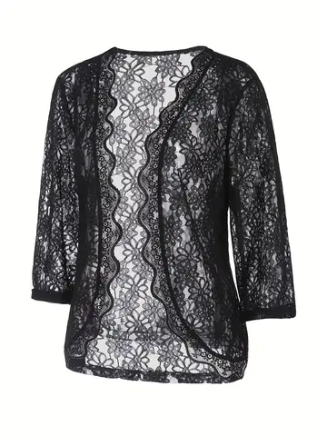 Translucent Floral Embroidered Cardigan Classic Plus Size Cardigan for Women with Scalloped Edges