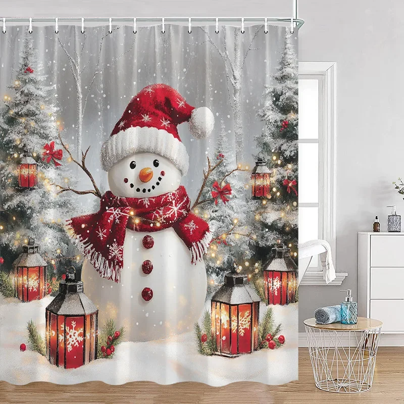 Cute Snowman Christmas Shower Curtain Winter Forest Xmas Trees Snow Lights New Year Home Bathroom Decor Bath Curtains With Hooks