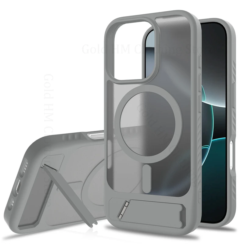 

Matte Folding Kickstand Tough Back Case For iPhone 17 Pro Max 16E 15 Pro 14 Plus Capa For Magsafe Translucent Flush Stand Cover