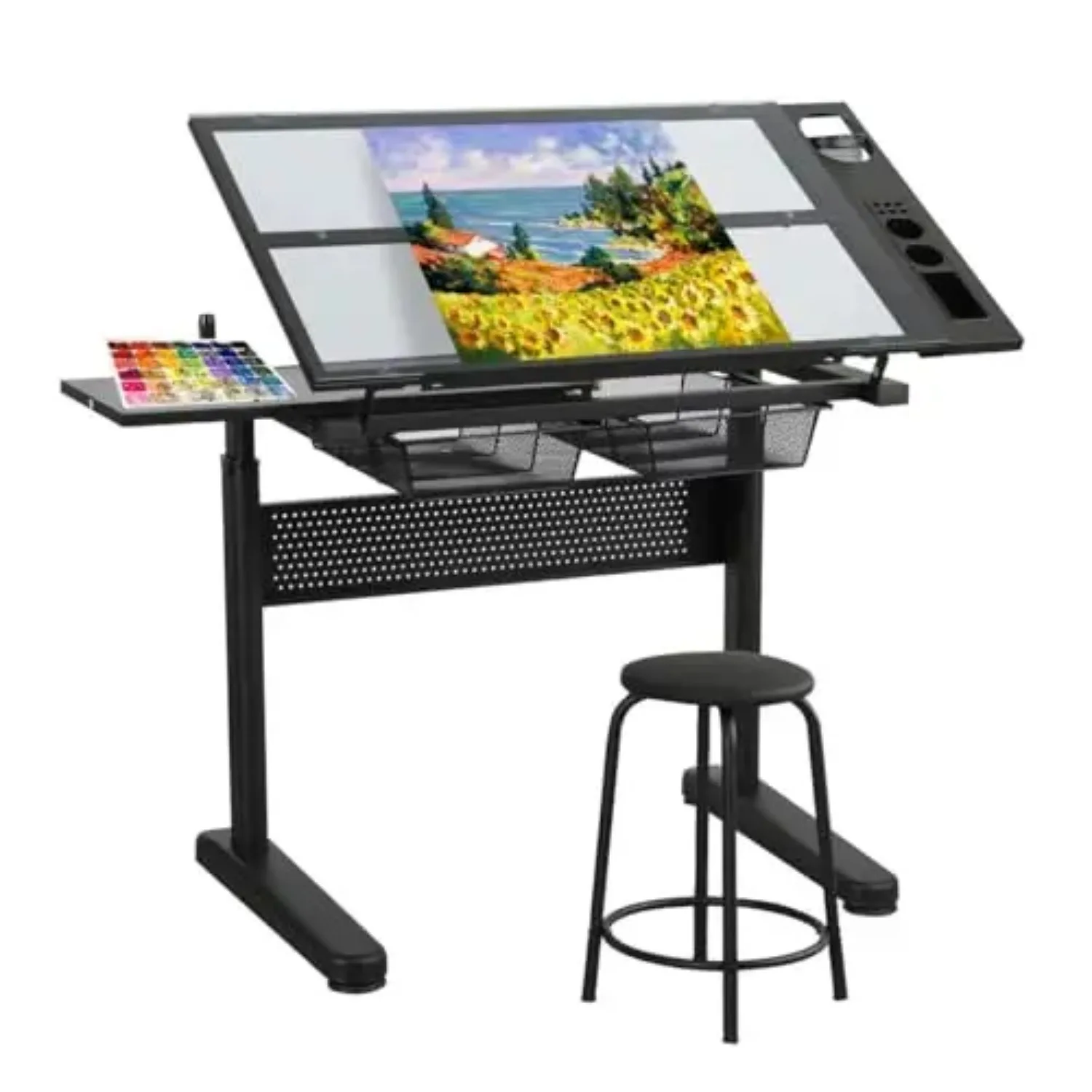 Adjustable Drawing Table for Artists | Drafting Desk with Tilted Glass Top | Art & Craft Table for Adults (Black