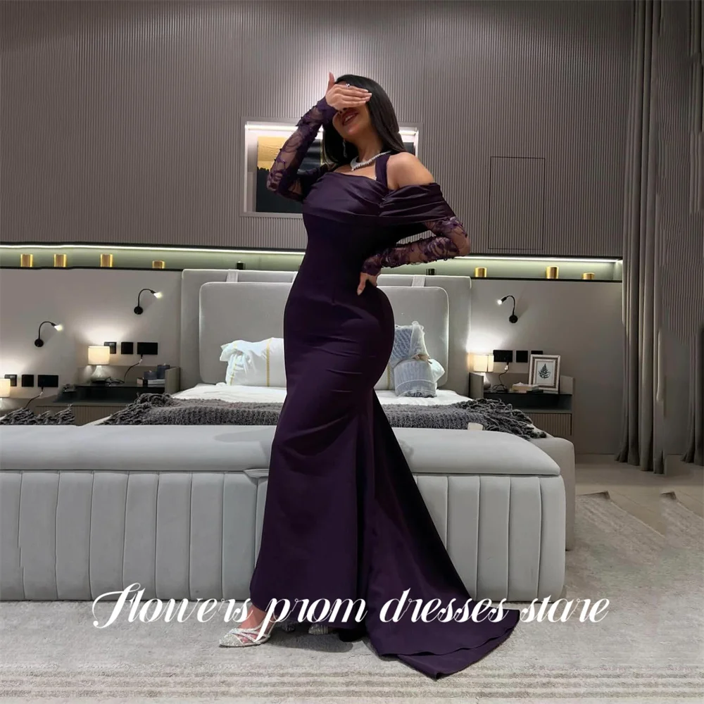 فساتين حفلة موسيقية أرجوانية مثيرة على شكل زهور بدون أكتاف فساتين حفلات حورية البحر من الساتان السعودي بطول الأرض للحفلات المسائية حسب الطلب