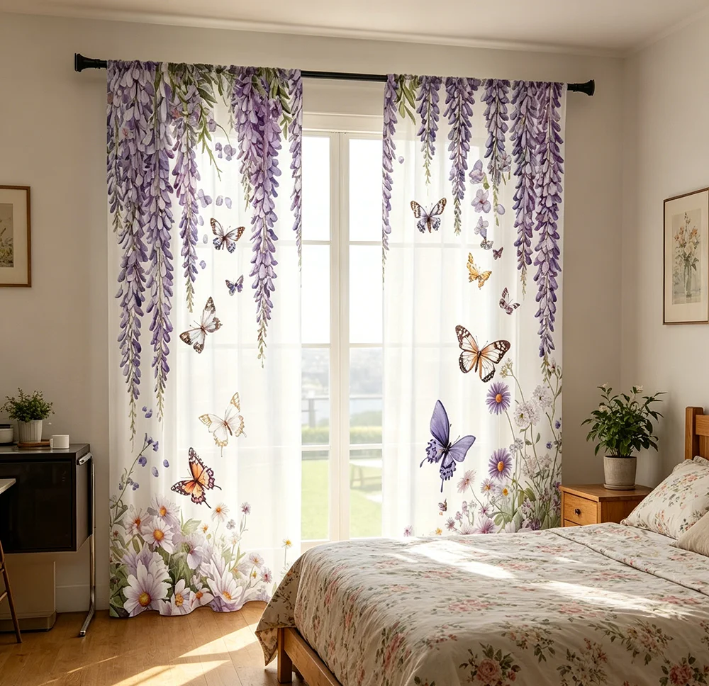 2PCS Digital Print Sheer Curtain, Purple Wisteria Butterflies Dancing Pattern, Romantic Dreamy Fairy Floral Garden Style Decor