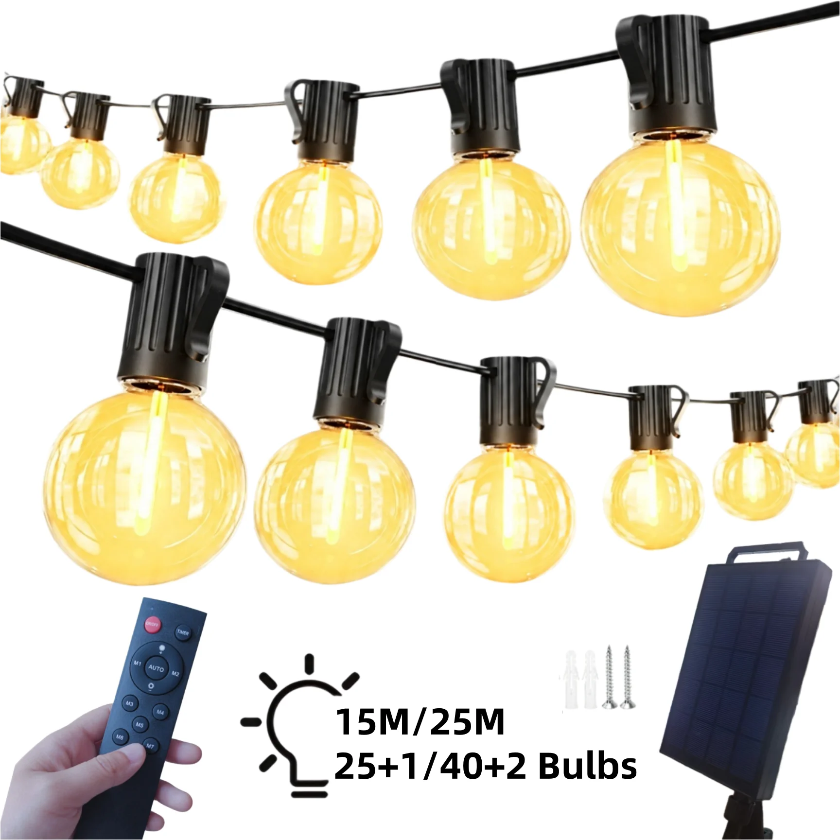 Guirlande lumineuse solaire extérieure étanche de 15 m/25 m avec télécommande, ampoules LED incassables 25+1/40+2, à intensité variable et programmable, 8 modes d'éclairage, lumières de patio pour la décoration de jardin, de cour et de fête