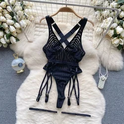 Women Strap Hollow Out Backless French Style Striped Erotic Playsuits Cosplay Slim Fit Underwear Black Lingerie Sexy Bodysuits