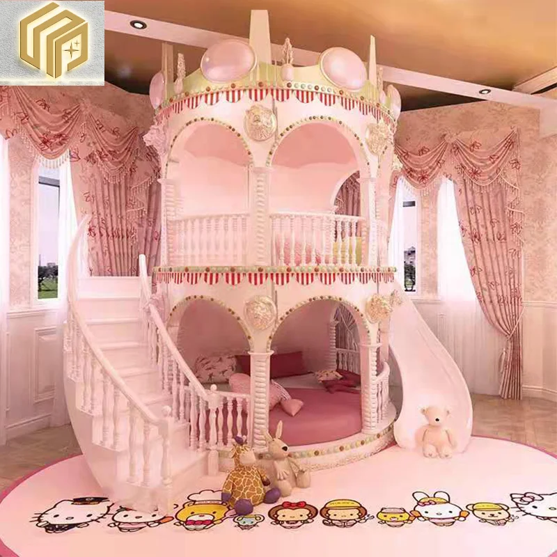 

Household solid wood princess bed, pink girl, with slide, getting up and down bed, bedroom, double bed, customizable children's